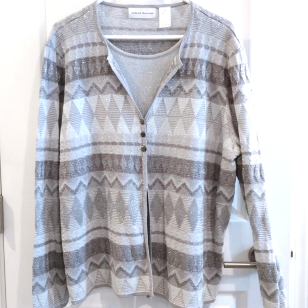 Alfred Dunner Metallic Silver Gray 2Fer Cardigan Sweater XL